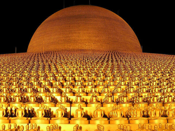 Echoes of One: A field of stillness A golden stupa in Thailand surrounded by many figures, evoking stillness, presence and quiet connection